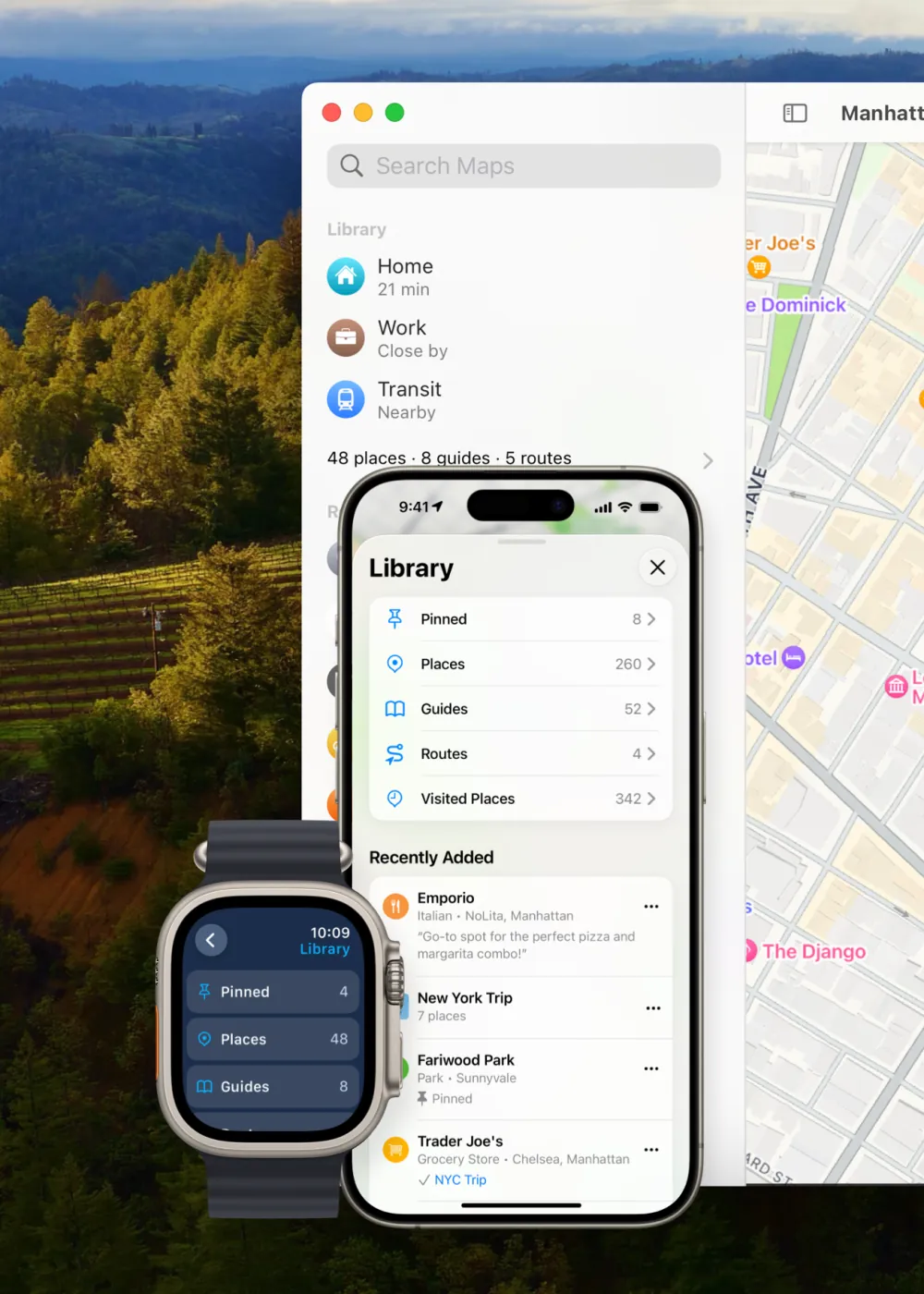 iOS 18 Places Library on iPhone showing saved locations and Guides.