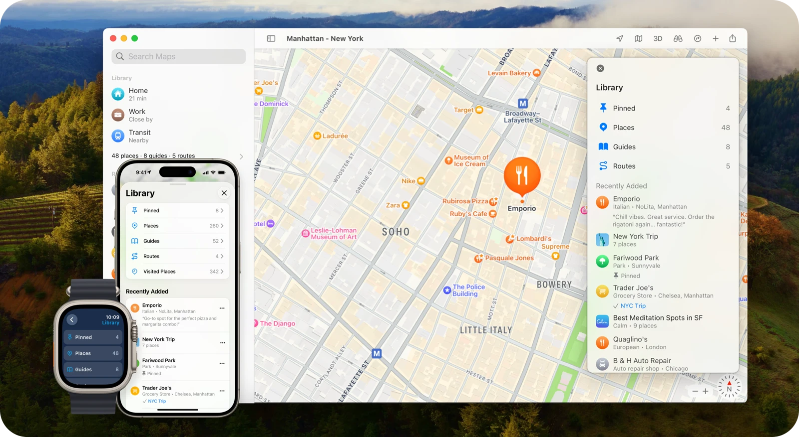 iOS 18 Apple Maps Places Library with saved places, Guides, and routes.