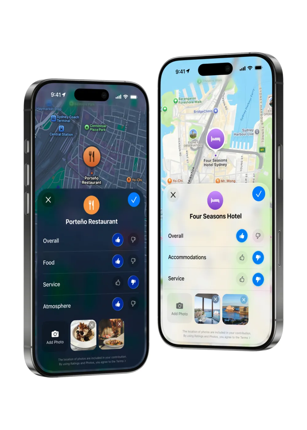 Apple Maps ratings flow on iPhone with star input and photo upload.