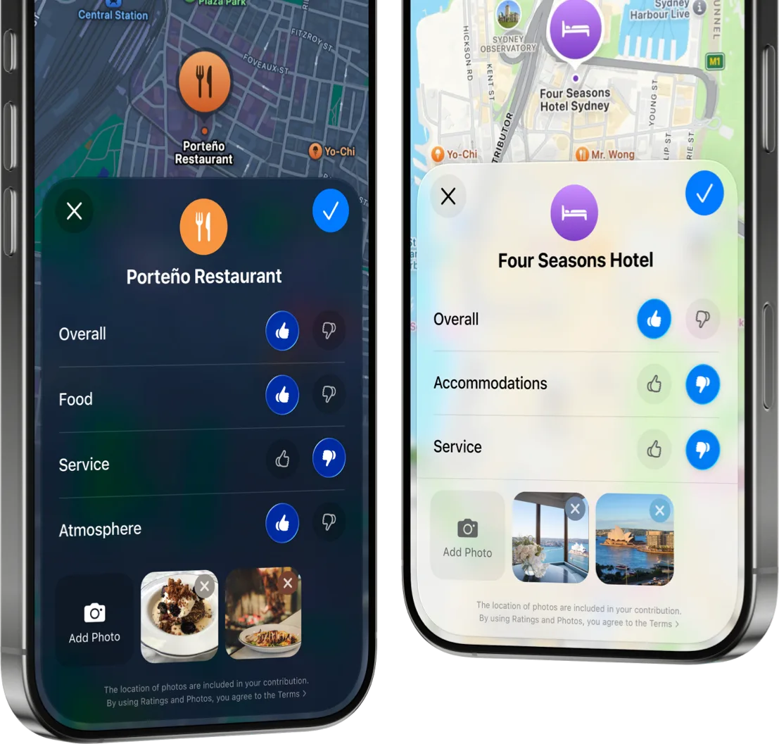 iOS 14 Apple Maps native ratings and photo contribution UI.