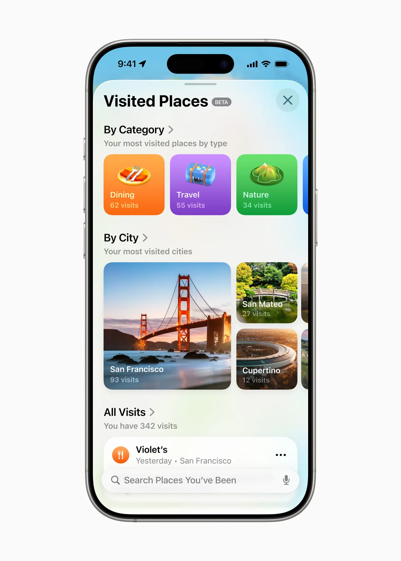 iOS 26 Apple Maps screen showing automatically captured visited places.
