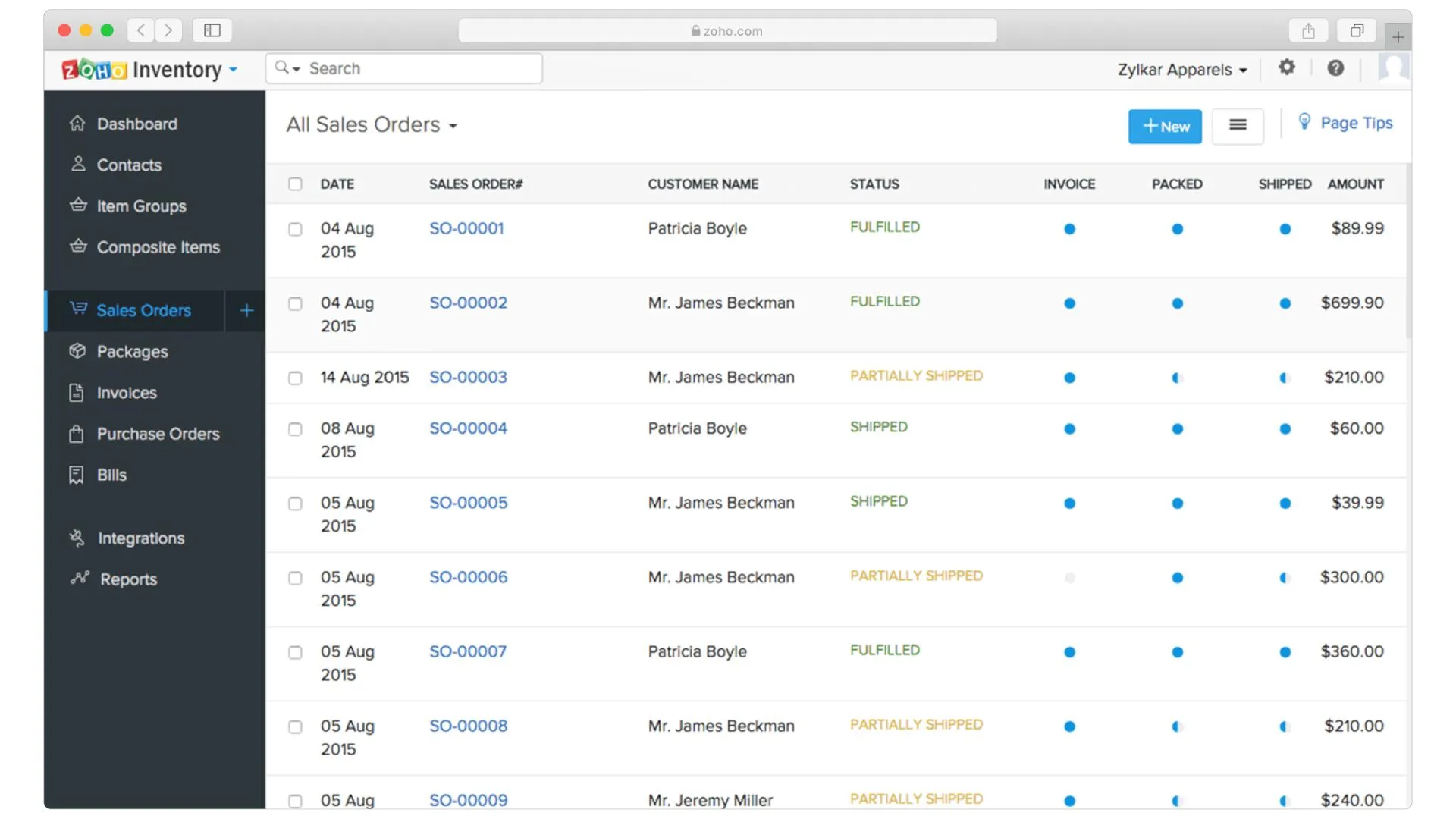 Zoho expense management and reporting screen.